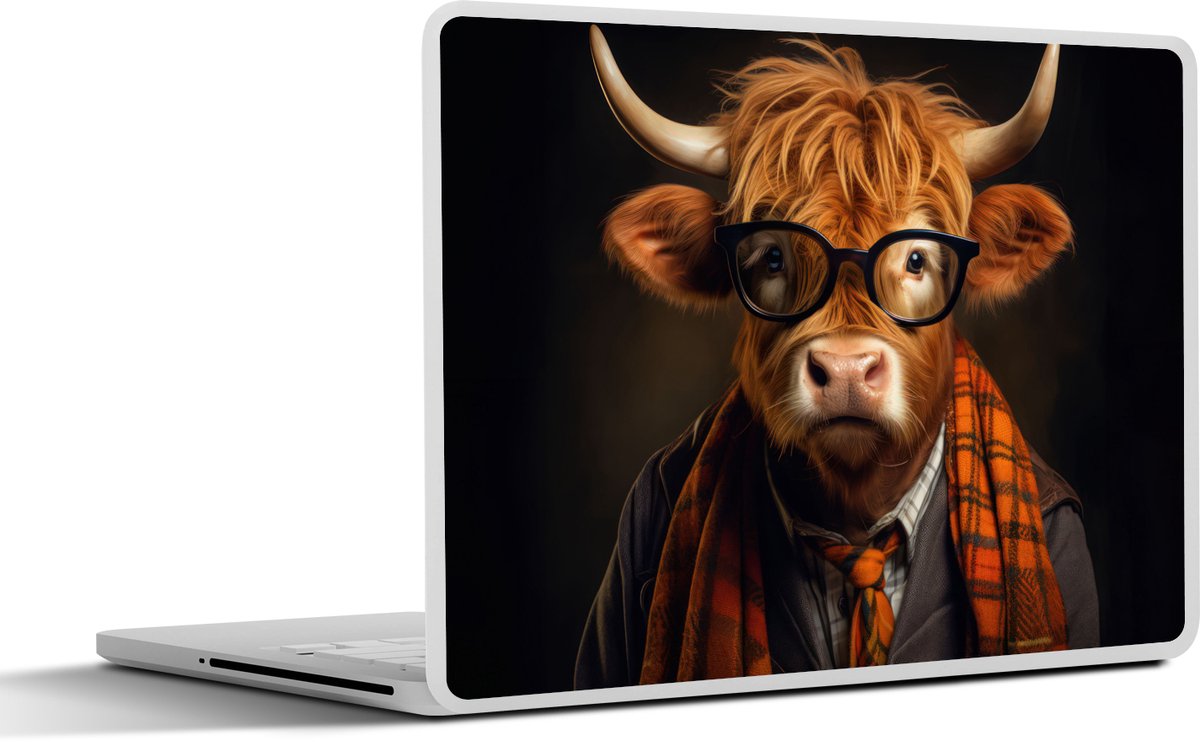 Laptop sticker - 15.6 inch - Schotse hooglander - Bril - Sjaal - Dier - 36x27,5cm - Laptopstickers - Laptop skin - Cover