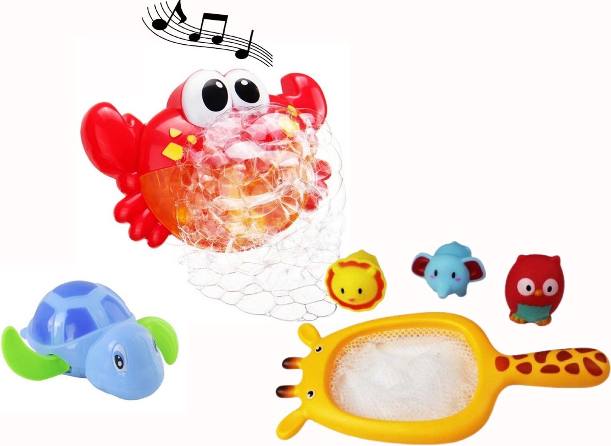 Badspeelgoed - Badspeeltjes - Speelgoed Bad - Baby cadeau - Peuter cadeau - Baby, Peuter, Kleuter - 0, 1, 2, 3, 4, 5 Jaar - Krab met Bubbels en Muziek , Schepnetje met Knijpdiertjes  , Opwindbare Schildpad - Waterspeelgoed - Bewegend Speelgoed