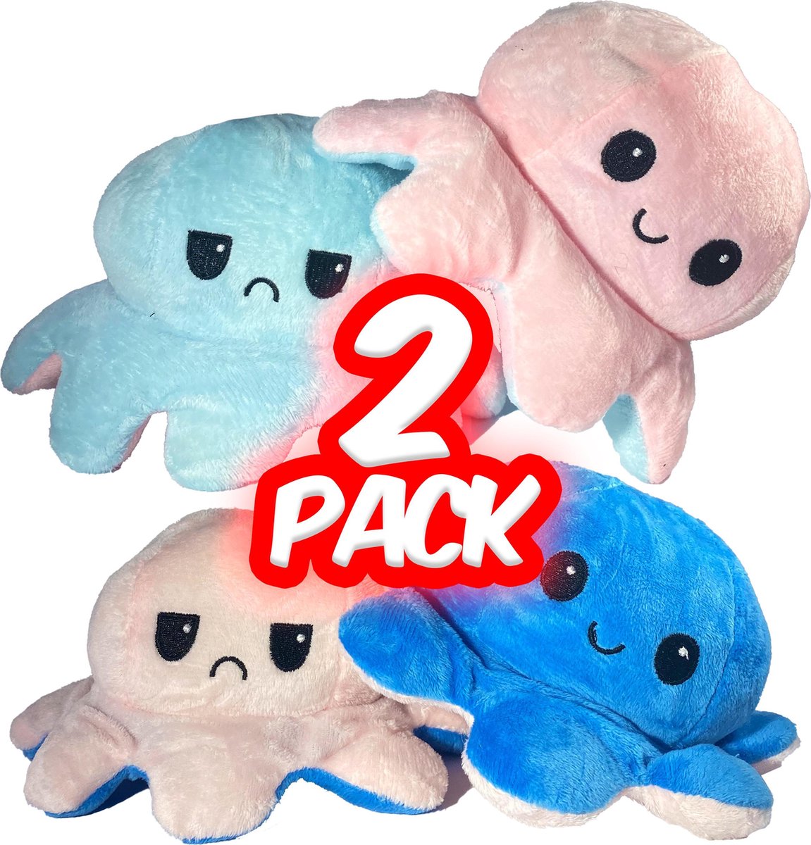 Octopus Knuffel Mood - Mood Octopus - Emotie Knuffel - Licht Roze & Licht Blauw - Roze & Blauw -2 Pack - Omkeerbaar, Emotie Knuffel - Boos/Blij Knuffel - 4 Verschillende Kleuren