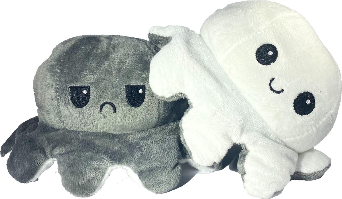 Octopus Mood Knuffel - Grijs & Wit - Omkeerbaar, Emotie Knuffel - Boos/Blij Knuffel - 2 Verschillende Kleuren