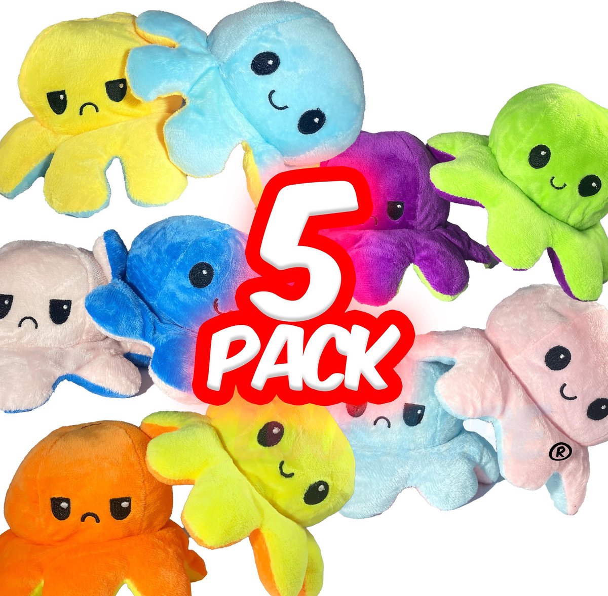 Octopus Mood Knuffel - Mood Octopus - Licht Blauw & Geel - Licht Roze & Blauw - Oranje & Geel - Groen & Paars - Licht Roze & Licht Blauw - 5 Pack - Omkeerbaar - Emotie Knuffel - Boos/Blij Knuffel - 10 Verschillende Kleuren