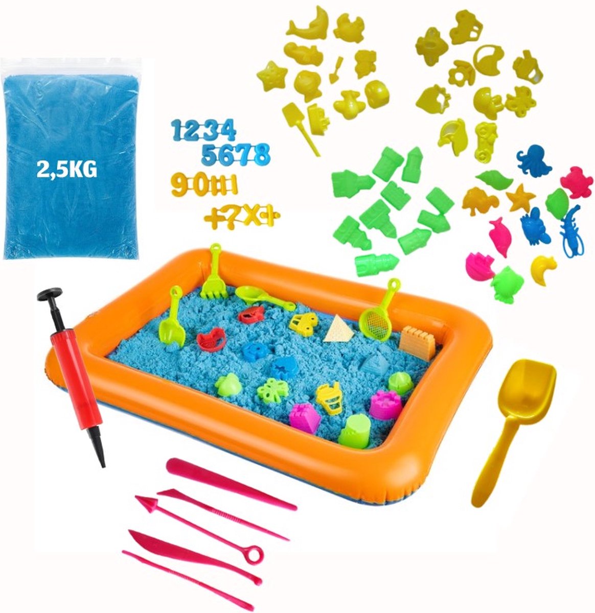 Magnetisch Speelzand Toverzand voor Binnen - 2.5 KG met Opblaaszandbak, Pomp, Vele Vormpjes, Schep, Modelleerstokjes- Binnen  bak met Speelzand - Sensorisch Speelgoed voor Creatieve Kinderen -  bak