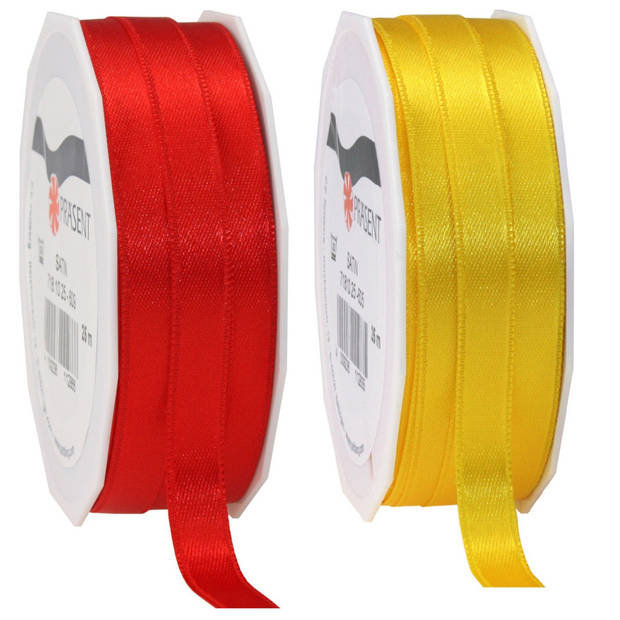 2x rollen satijn sierlint/cadeaulint - geel en rood - 1 cm x 25m p/rol - Cadeaulinten