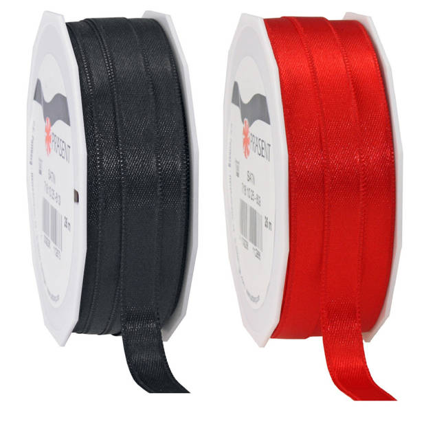 2x rollen satijn sierlint/cadeaulint - zwart en rood - 1 cm x 25m p/rol - Cadeaulinten