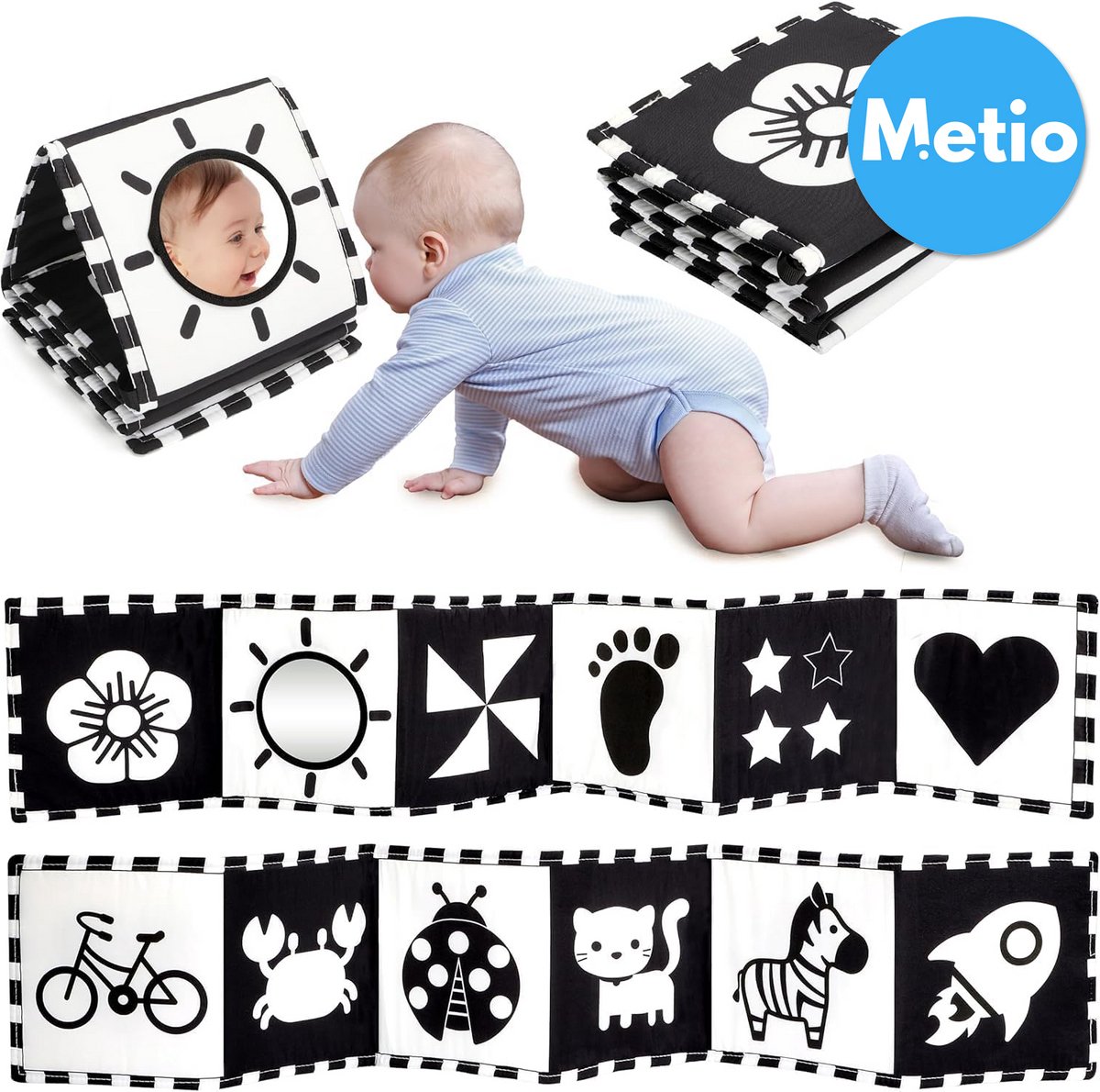   – Zwart-Wit Contrast Babyboek met Spiegel & Knisperpapier – Stoffen   voor Visuele Ontwikkeling & Buiktijd – Veilig Sensorisch Speelgoed vanaf 0 Maanden - Zwart-Wit