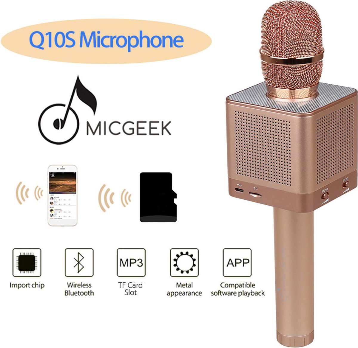 MicGeek Q10S - Karaoke Microfoon - met bluetooth en geïntegreerde speakers (3x 5 Watt) - Rose Gold / Roze Goud