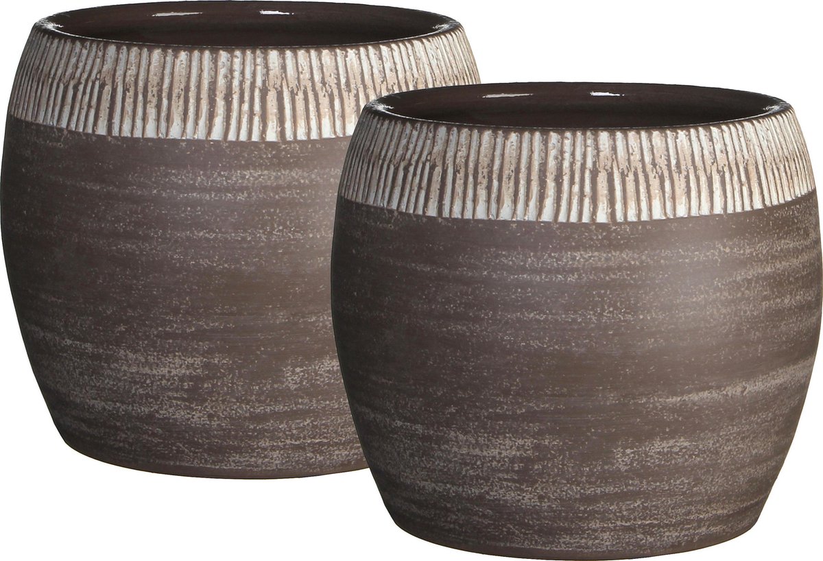 Mica Decorations - 2 Stuks Pot Rond Safari H18D20 Taupe