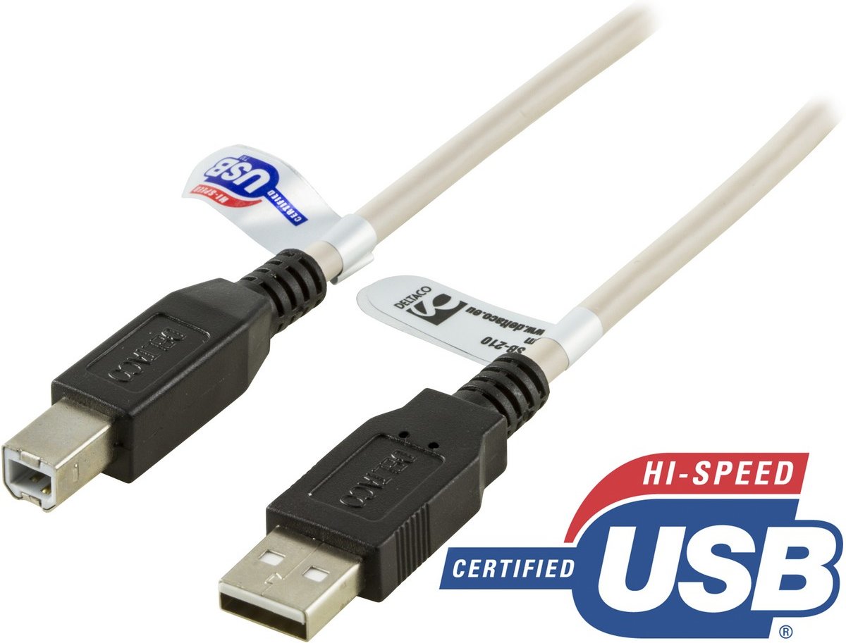 DELTACO USB-210, USB 2.0 kabel, USB A naar USB B, 1m, zwart / wit