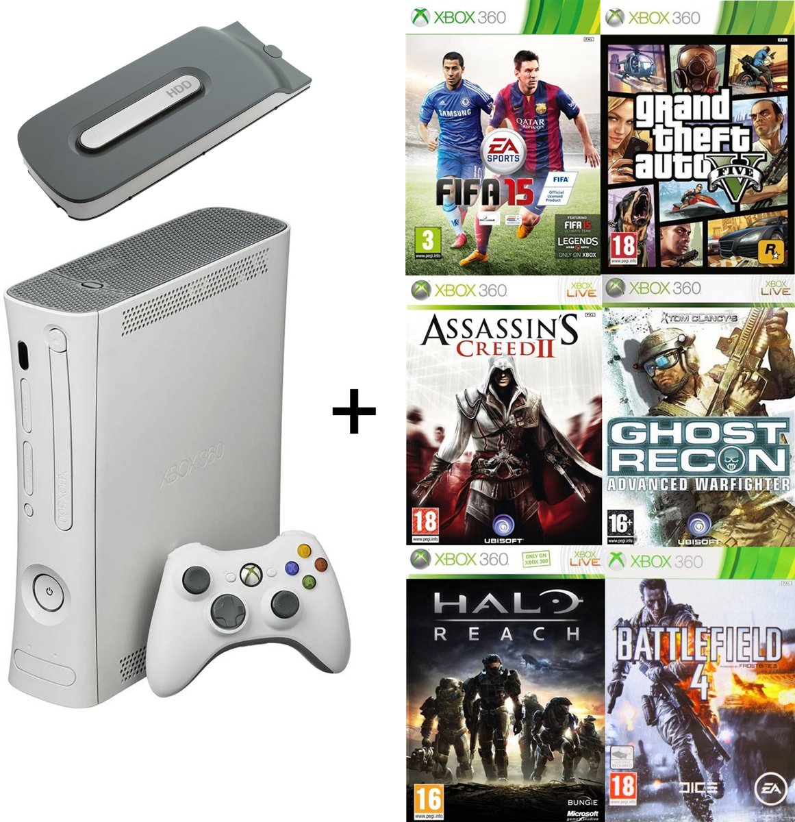 Xbox 360 Arcade Console + Xbox 360 Harde schijf 20 GB + GTA V + Halo - Reach + Assassinss Creed 2 + FIFA 15 + Ghost Recon Advanced Warfighter (Refurbished)