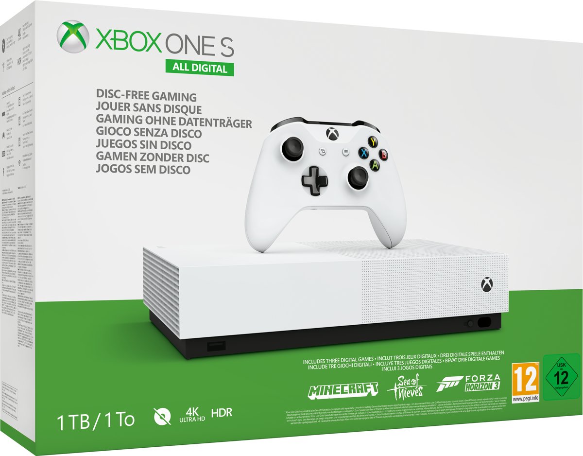 Xbox One S console 1 TB (All-Digital Edition) + 3 gamecodes