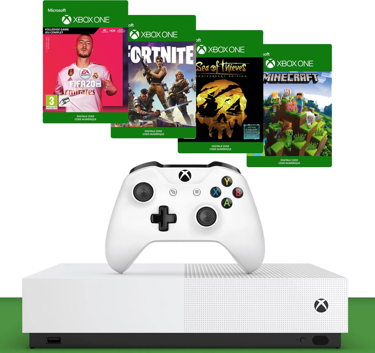 Xbox One S console 1TB All-Digital + FIFA 20 + Fortnite + Sea of Thieves + Minecraft