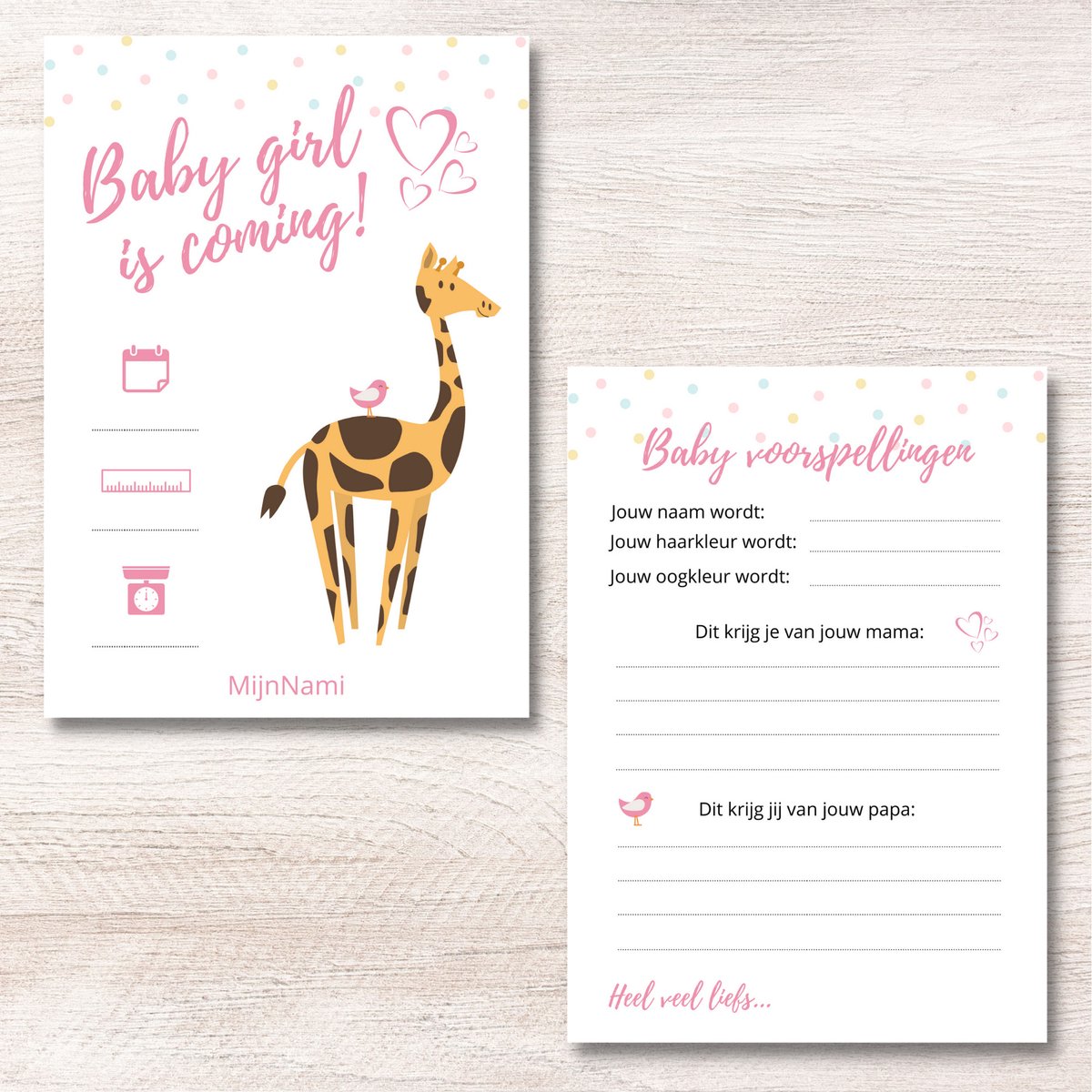 Babyshower Invulkaarten Baby Girl Giraffe 10 stuks - A6 300 Grams - Baby Voorspellingen - Babyshowerspelletjes