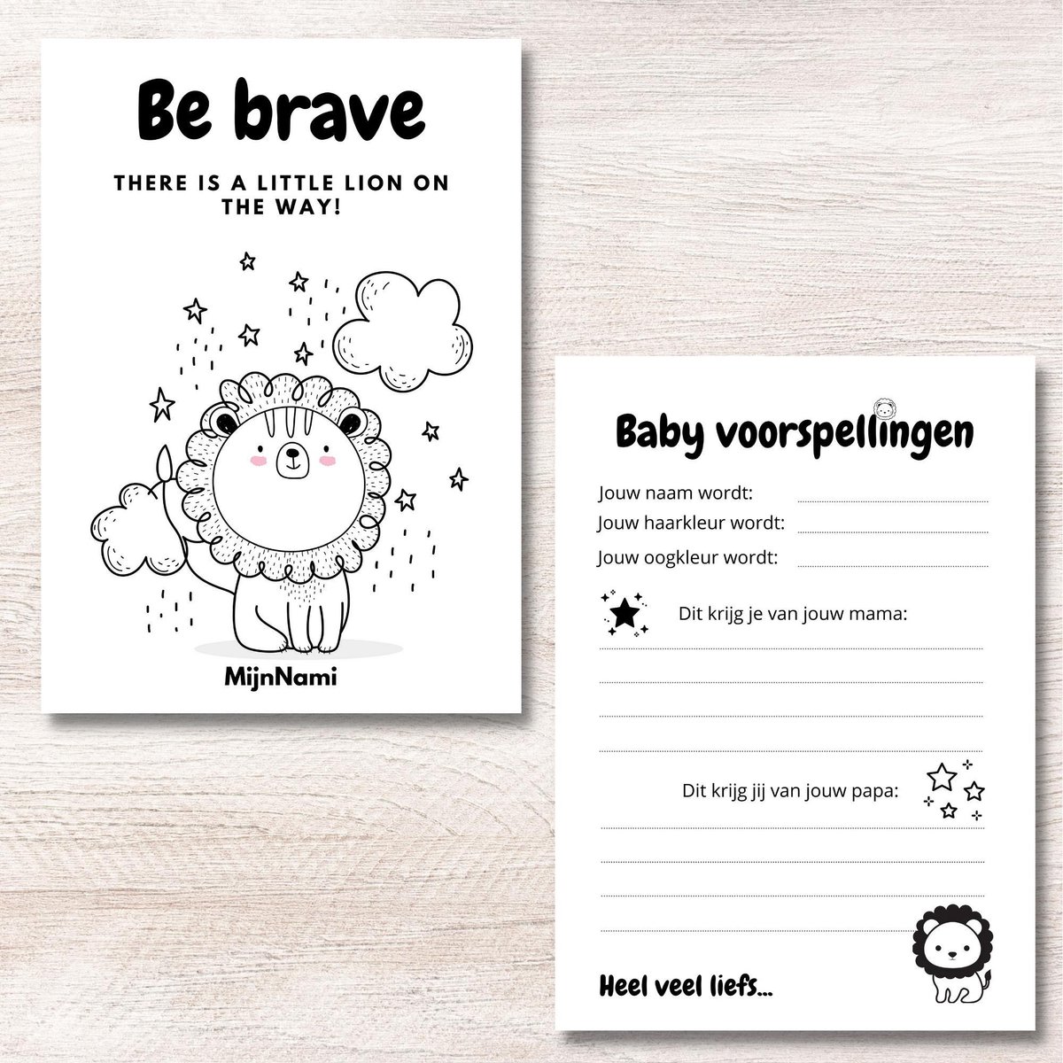 Babyshower Invulkaarten Monochrome Lion 10 stuks - Babyvoorspellingen - Babyshower Spelletje