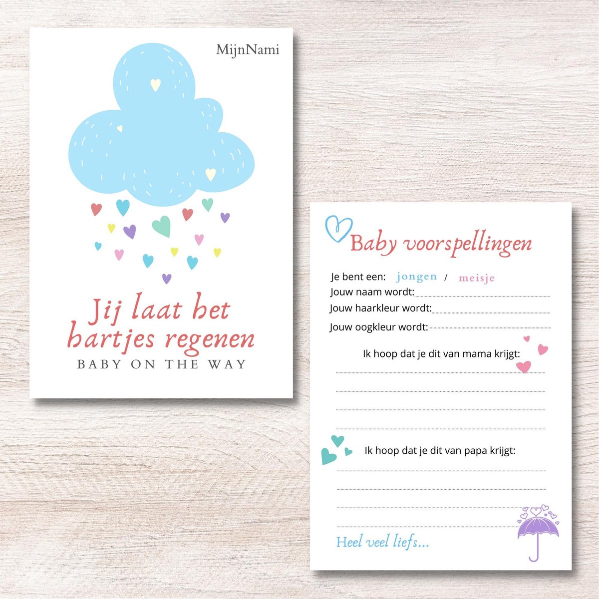 Babyshower Invulkaarten Raining Hearts 10 Stuks - Baby Voorspellingen - Babyshowerspel