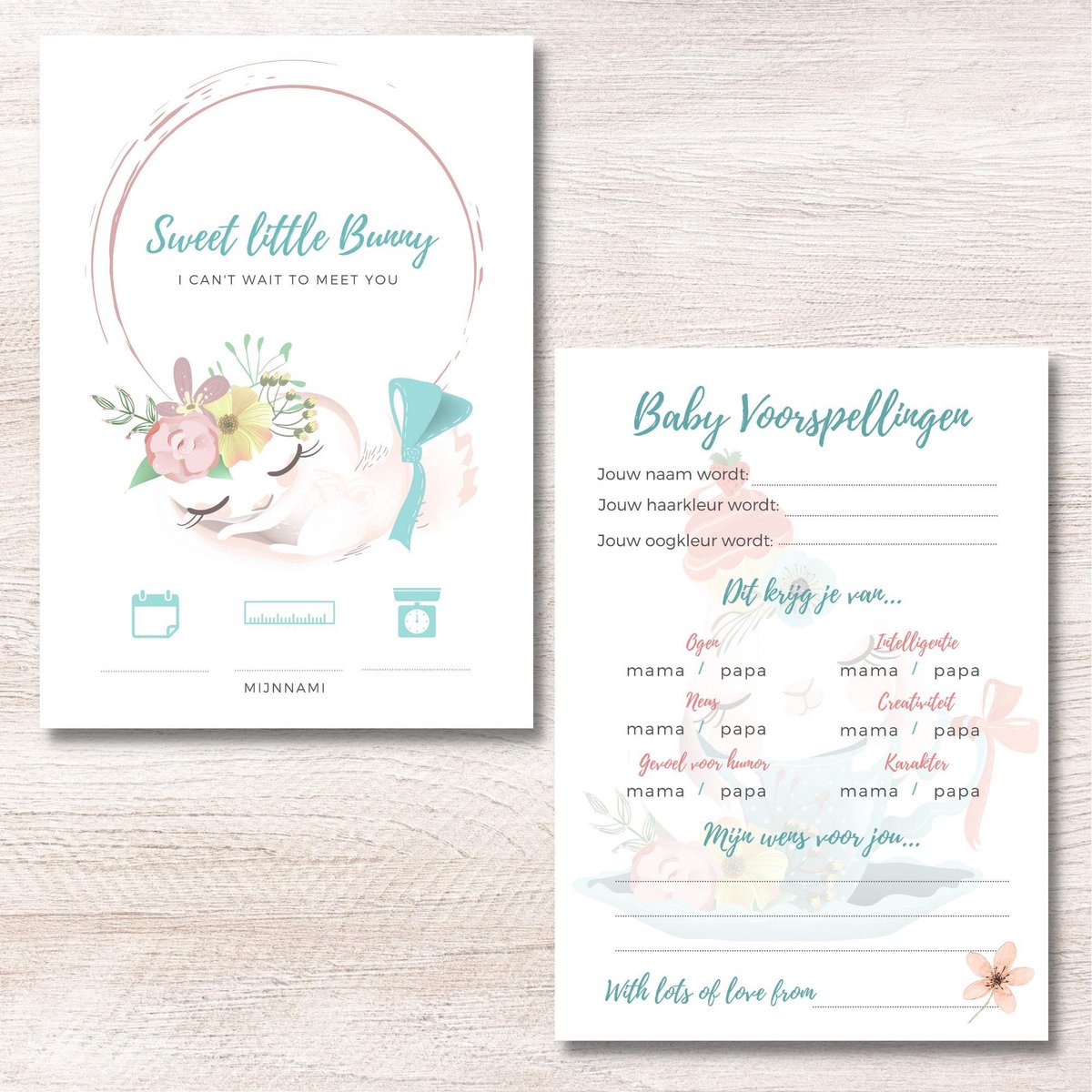 Babyshower Invulkaarten Sweet Little Bunny 10 Stuks - Baby Voorspellingen - Babyshower Spel