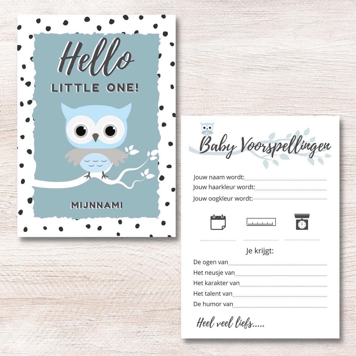 Babyshower Invulkaarten Uiltje 10 Stuks - Babyvoorspellingen - Babyshowerspelletjes