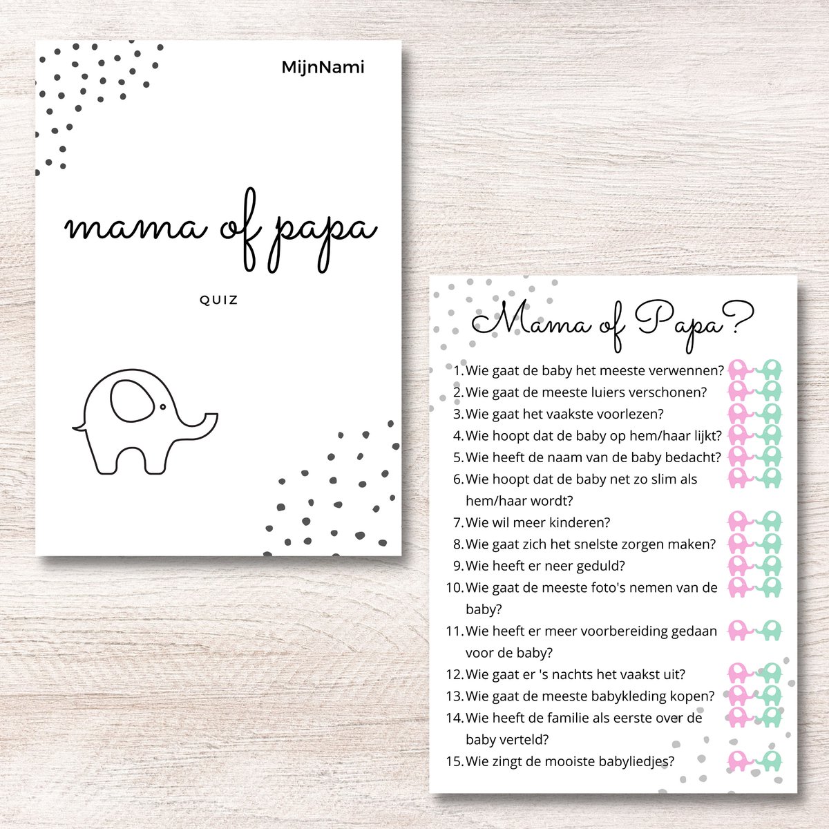 Mama en Papa Quiz Dots Grijs 10 stuks - A6 300 Grams - Babyshower Invulkaarten - Babyshower quiz