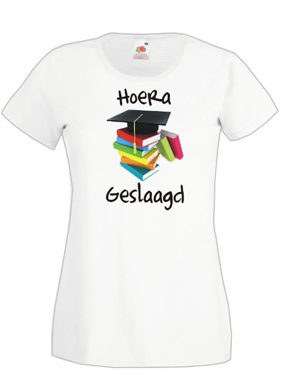 Geslaagd Dames T-shirt Hoera geslaagd WIT maat L