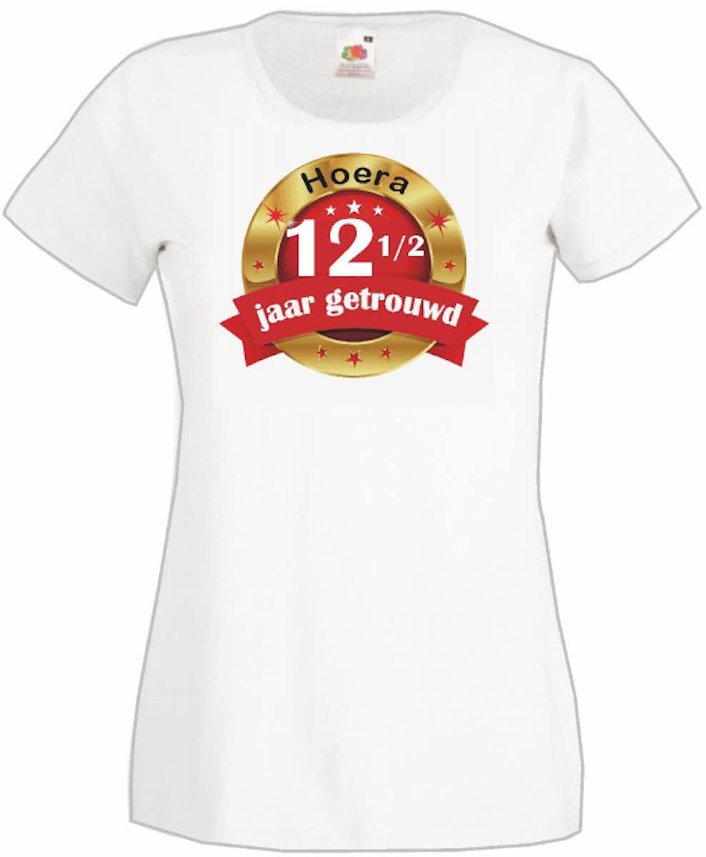 Mijncadeautje Dames T-shirt Hoera 12,5 jaar getrouwd wit (maat L)