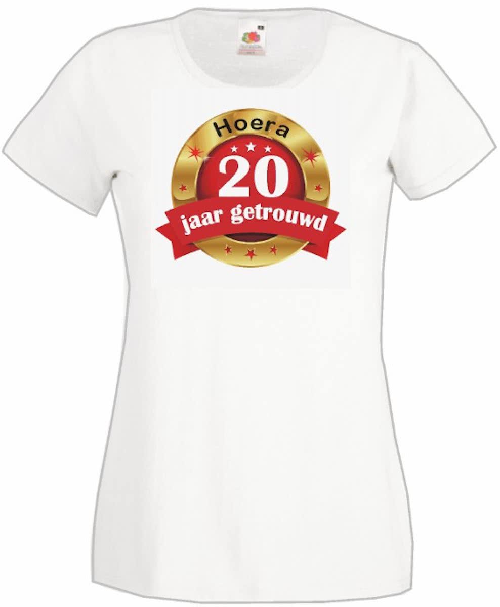 Mijncadeautje Dames T-shirt Hoera 20 jaar getrouwd wit (maat L)