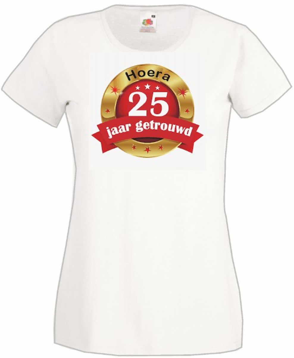 Mijncadeautje Dames T-shirt Hoera 25 jaar getrouwd wit (maat S)