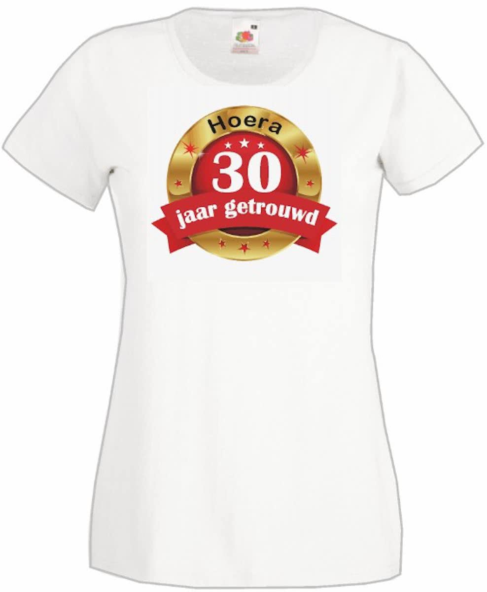 Mijncadeautje Dames T-shirt Hoera 30 jaar getrouwd wit (maat S)