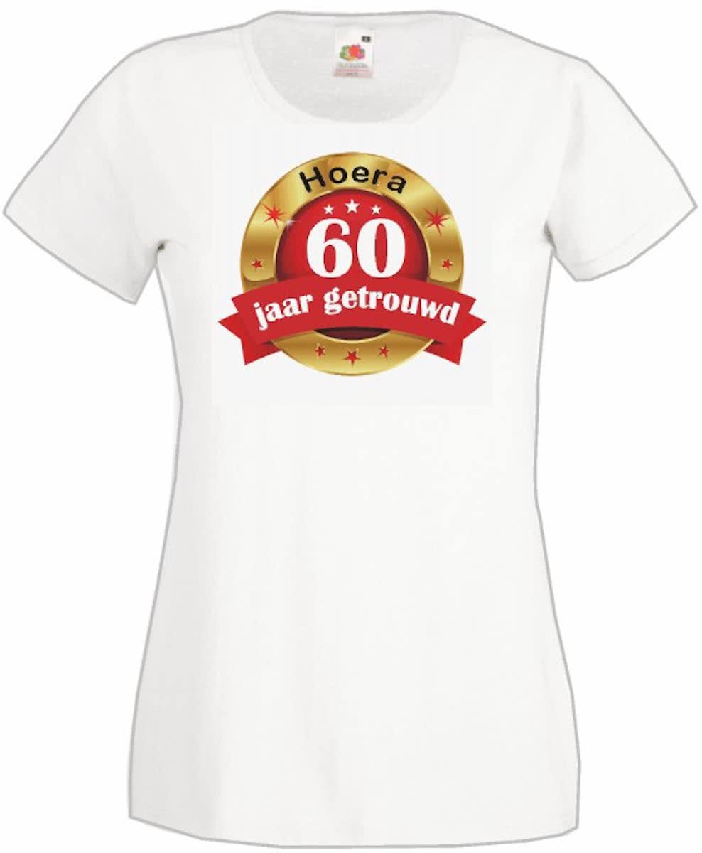 Mijncadeautje Dames T-shirt Hoera 60 jaar getrouwd wit (maat L)