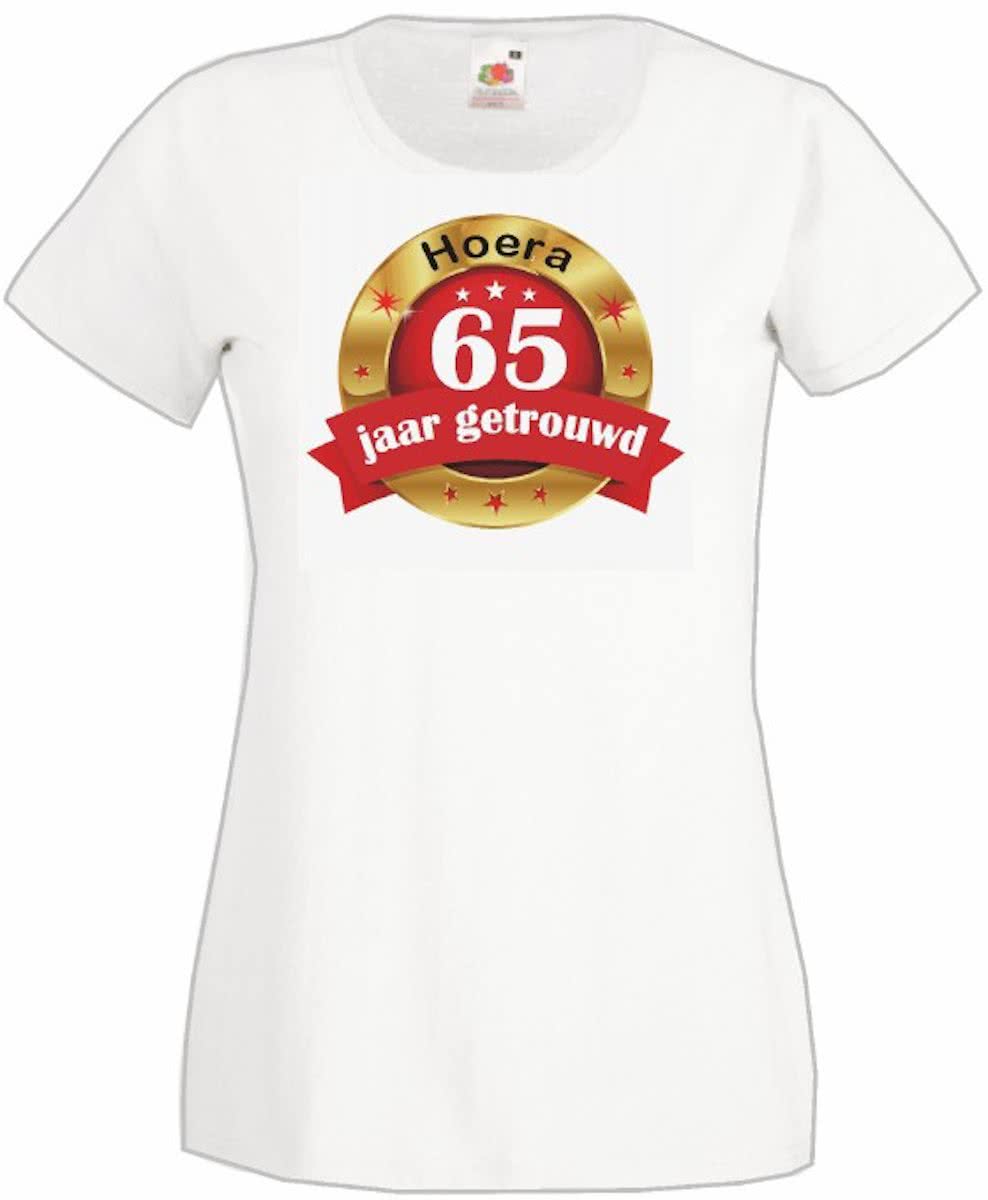 Mijncadeautje Dames T-shirt Hoera 65 jaar getrouwd wit (maat M)