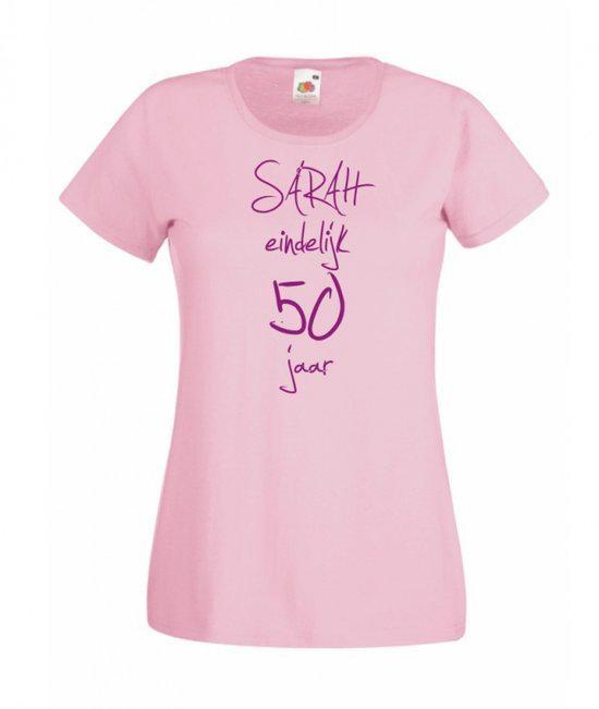 Mijncadeautje Dames T-shirt roze M Sarah eindelijk 50 jaar