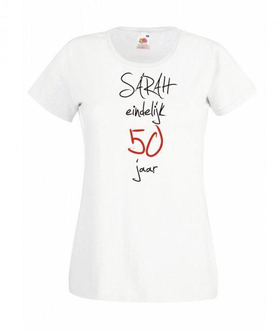 Mijncadeautje Dames T-shirt wit L Sarah eindelijk 50 jaar