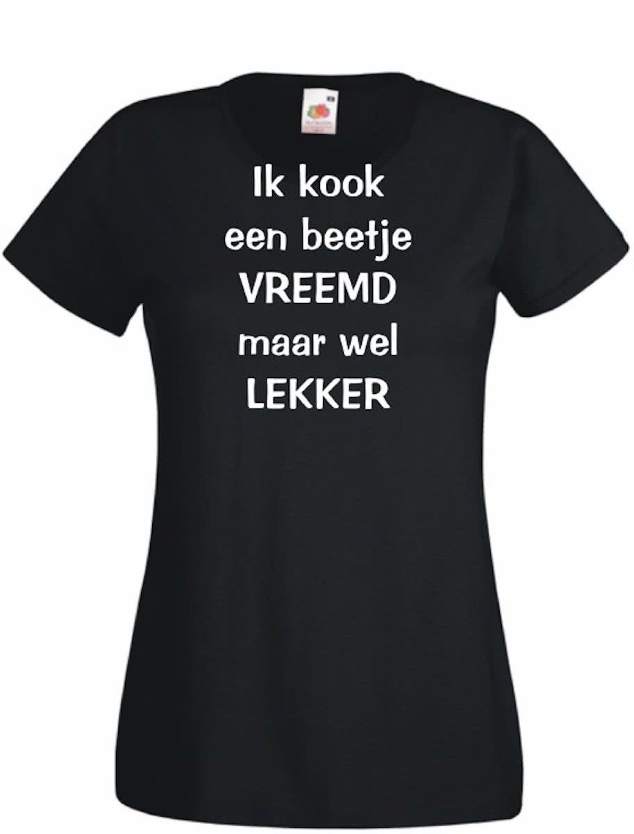 Mijncadeautje Dames T-shirt zwart (maat L)  Ik kook een beetje vreemd