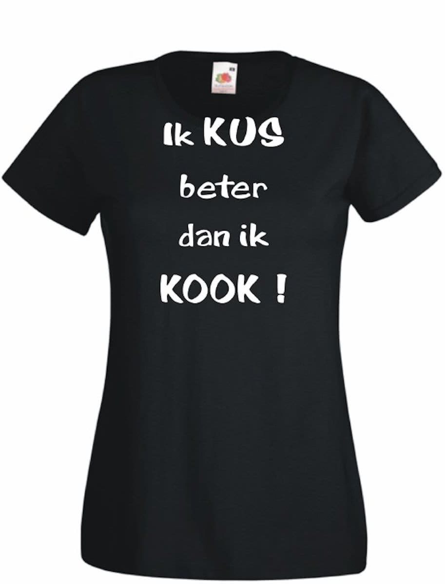 Mijncadeautje Dames T-shirt zwart (maat M) Ik kus beter dan ik kook