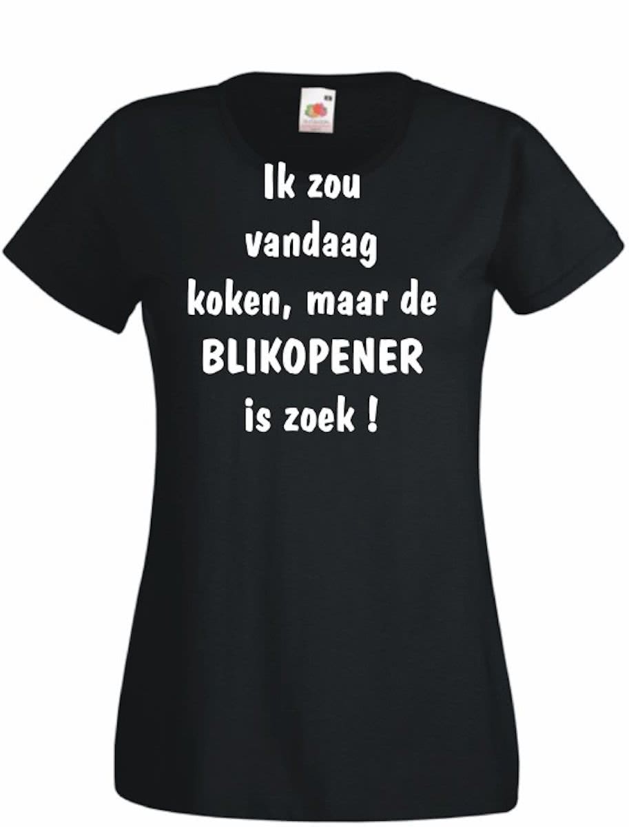 Mijncadeautje Dames T-shirt zwart (maat M) Ik zou koken maar de blikopener is zoek