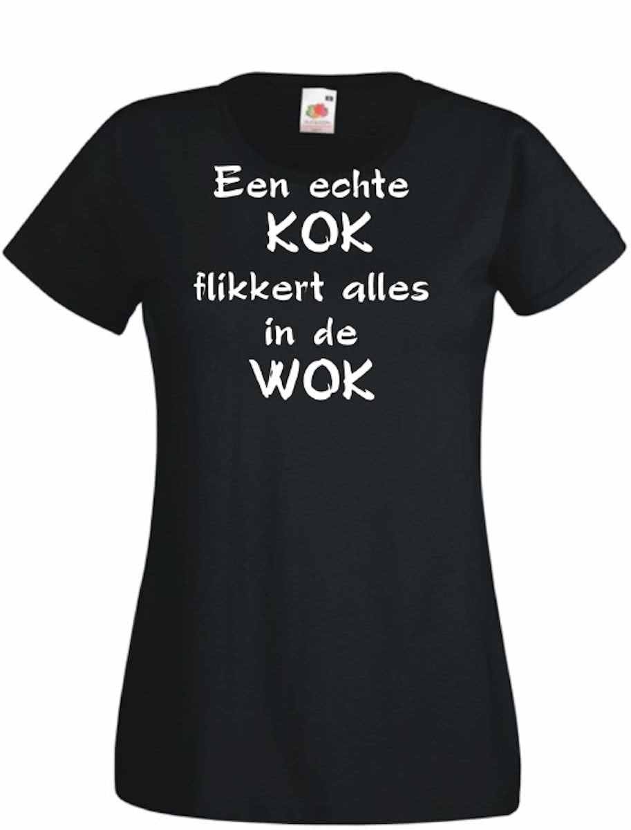 Mijncadeautje Dames T-shirt zwart (maat S) Een echte kok flikkert alles in de wok