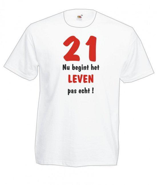 Mijncadeautje Heren T-shirt wit maat M 21 jaar nu begint het leven pas echt