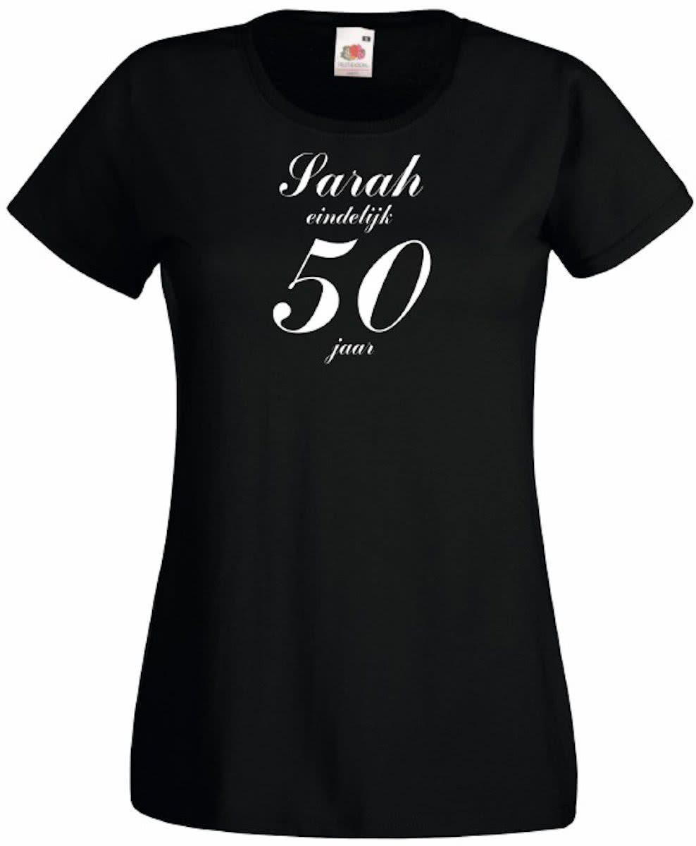 Mijncadeautje T-shirt - Sarah eindelijk 50 jaar - Dames Zwart (maat L)