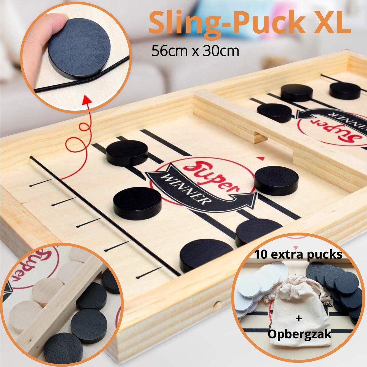 SlingPuck XL - Hockeyshots - Bordspel - Sjoelbak met elastiek - Houten bordspel - Gezelschapsspel - Schietbordspel - Sjoelen - 56cm x 30cm - Inclusief 10 Extra pucks - opbergtas - spelregels