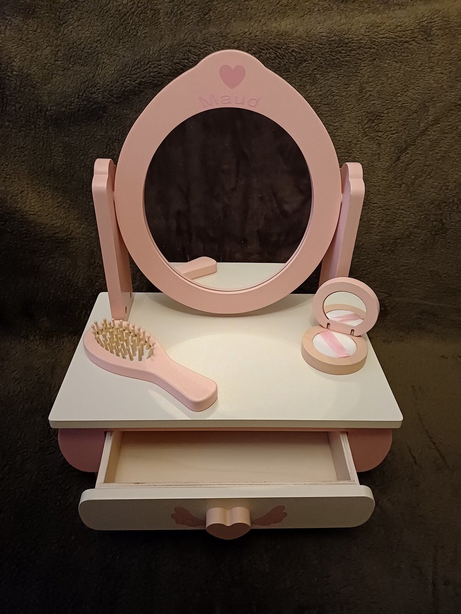 Gepersonaliseerde Houten Make-up Tafel Speelset voor Kinderen – Roze Kaptafel met Naam – Incl. Spiegel en Lade – Met Naam Personaliseren