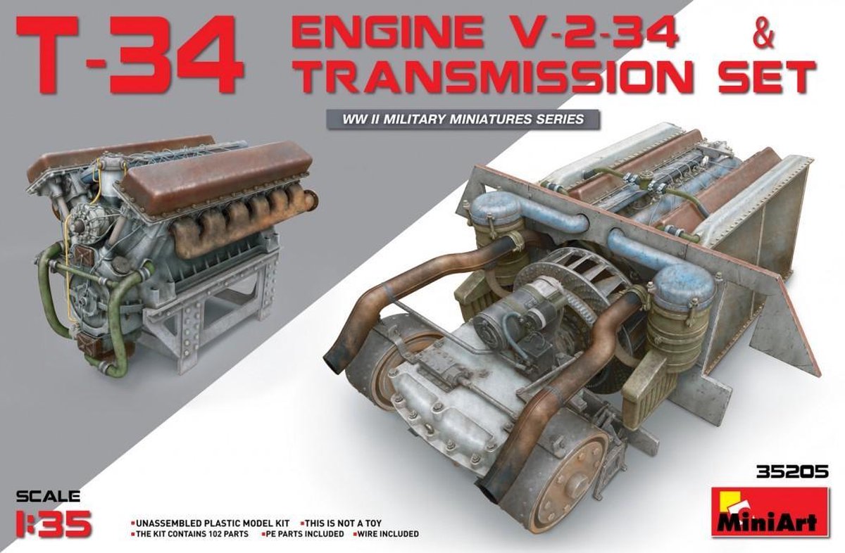 MiniArt T-34 Engine V-2-3-34 & Transmission Set + Tamiya lijm