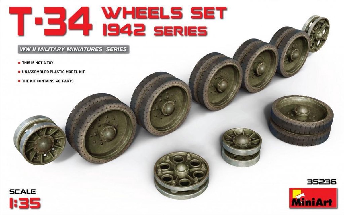 MiniArt T-34 Wheels Set 1942-43 Series + Tamiya lijm