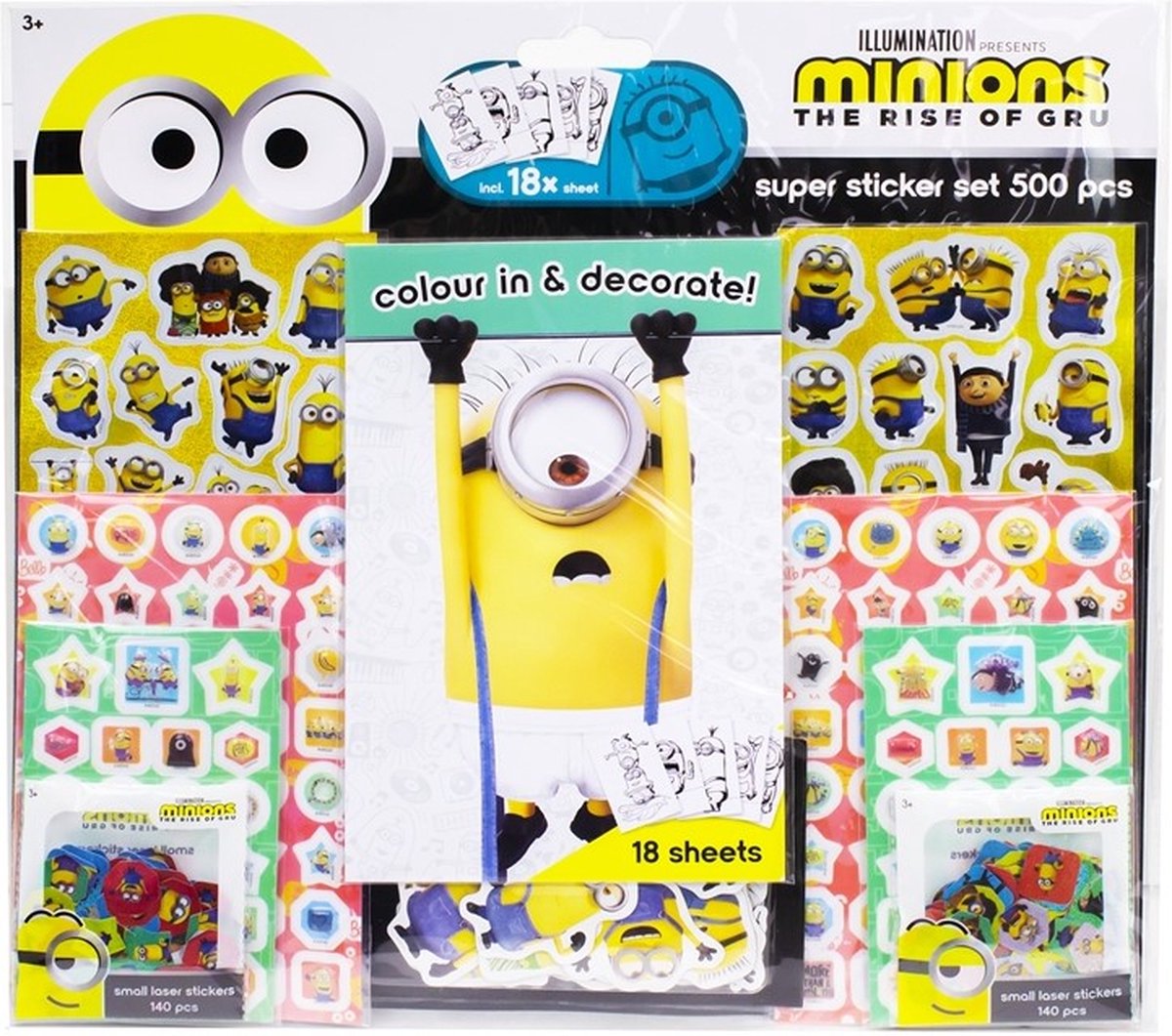 Minions Rise of Gru - MEGA PACK XXL Stickers 39x42cm - 500 Stuks incl. 18x vellen teken plaatjes - Glitter Bob - Maak je eigen Deur hanger DIY