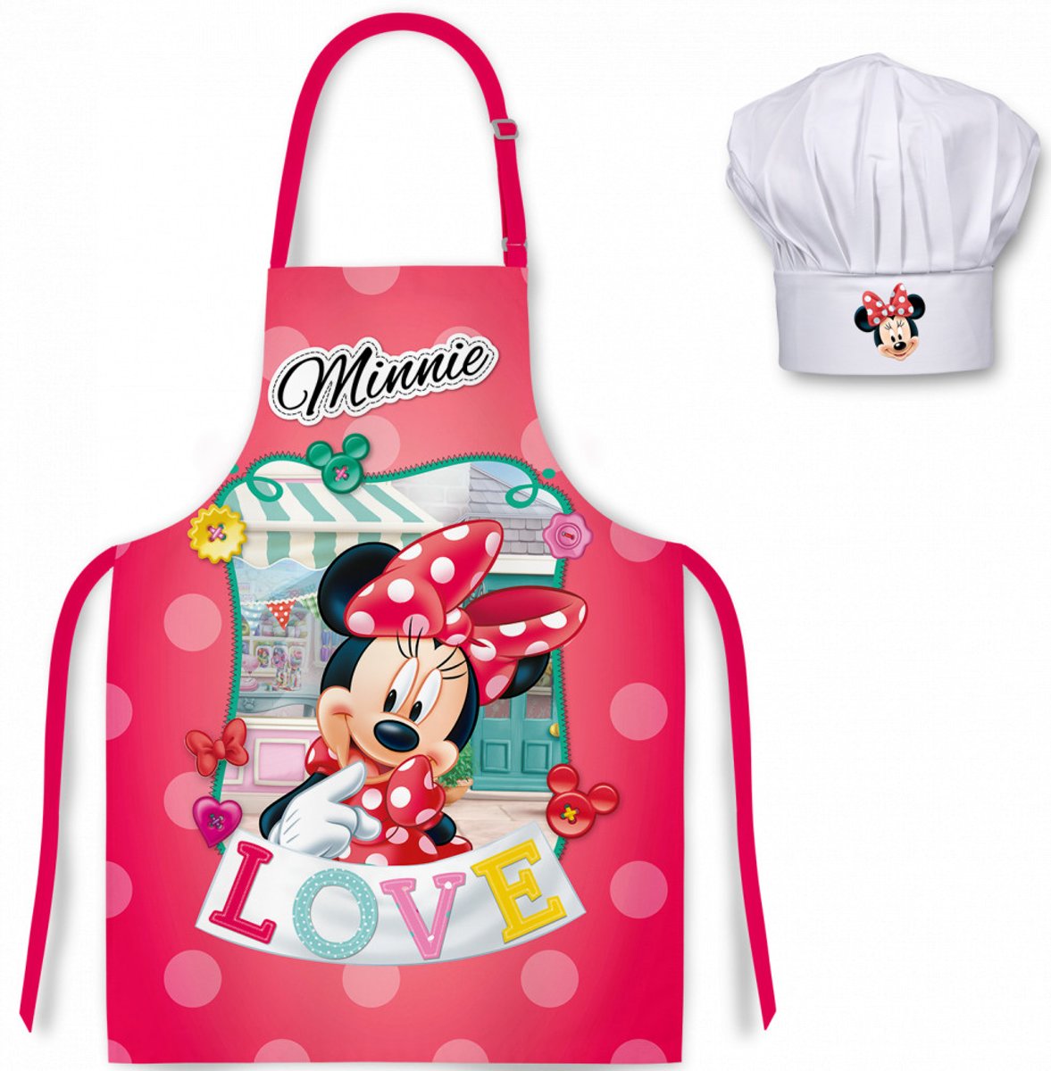 Minnie Mouse kookschort ( LOVE )  met koksmuts / 3t/m 8 jaar