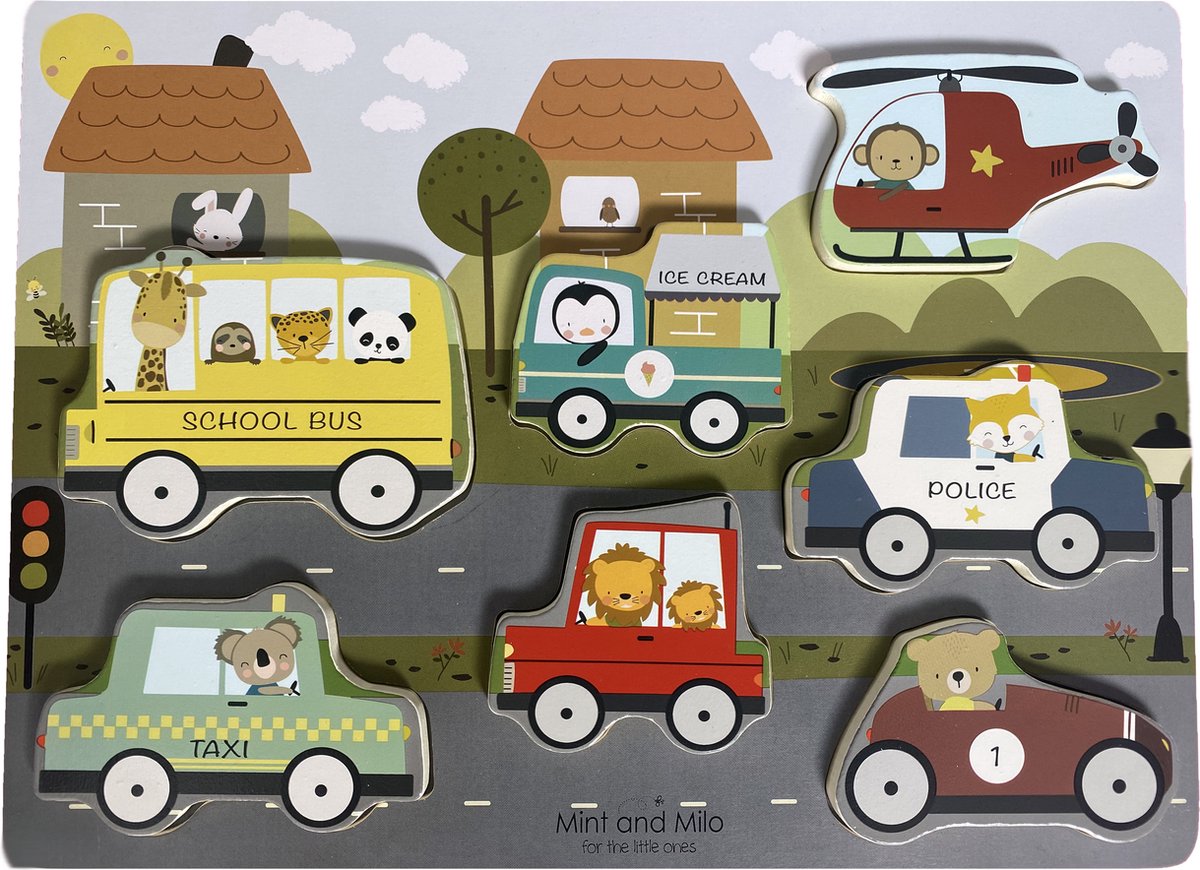 Houten voertuigen puzzel - HOUTEN VOERTUIGEN PUZZEL MET DIEREN - HOUTEN VORMENPUZZEL MET AUTOS - Houten auto puzzel - Houten puzzel vanaf 2 jaar - Educatief speelgoed - MET EEN GRATIS ABC POSTER KAART ERBIJ