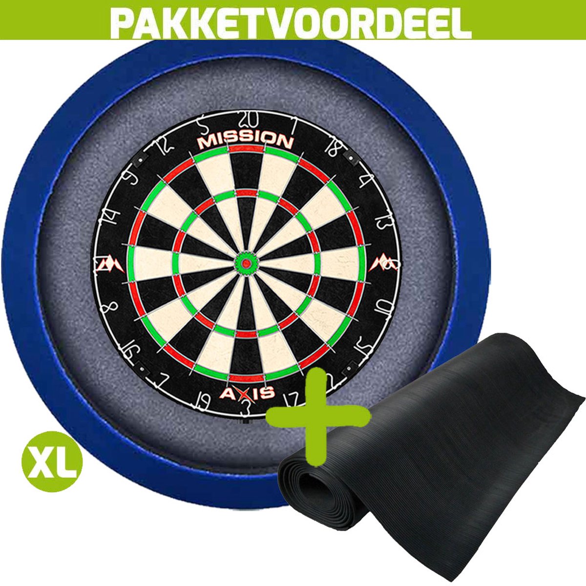 Mission Axis + Rubberen Dartmat 90*250 + Dartbordverlichting Basic XL (Blauw)