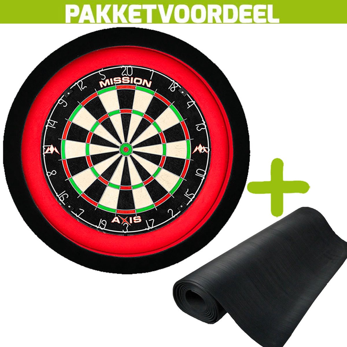 Mission Axis + Rubberen Dartmat 90*250 + Dartbordverlichting Deluxe (Rood - Zwart)