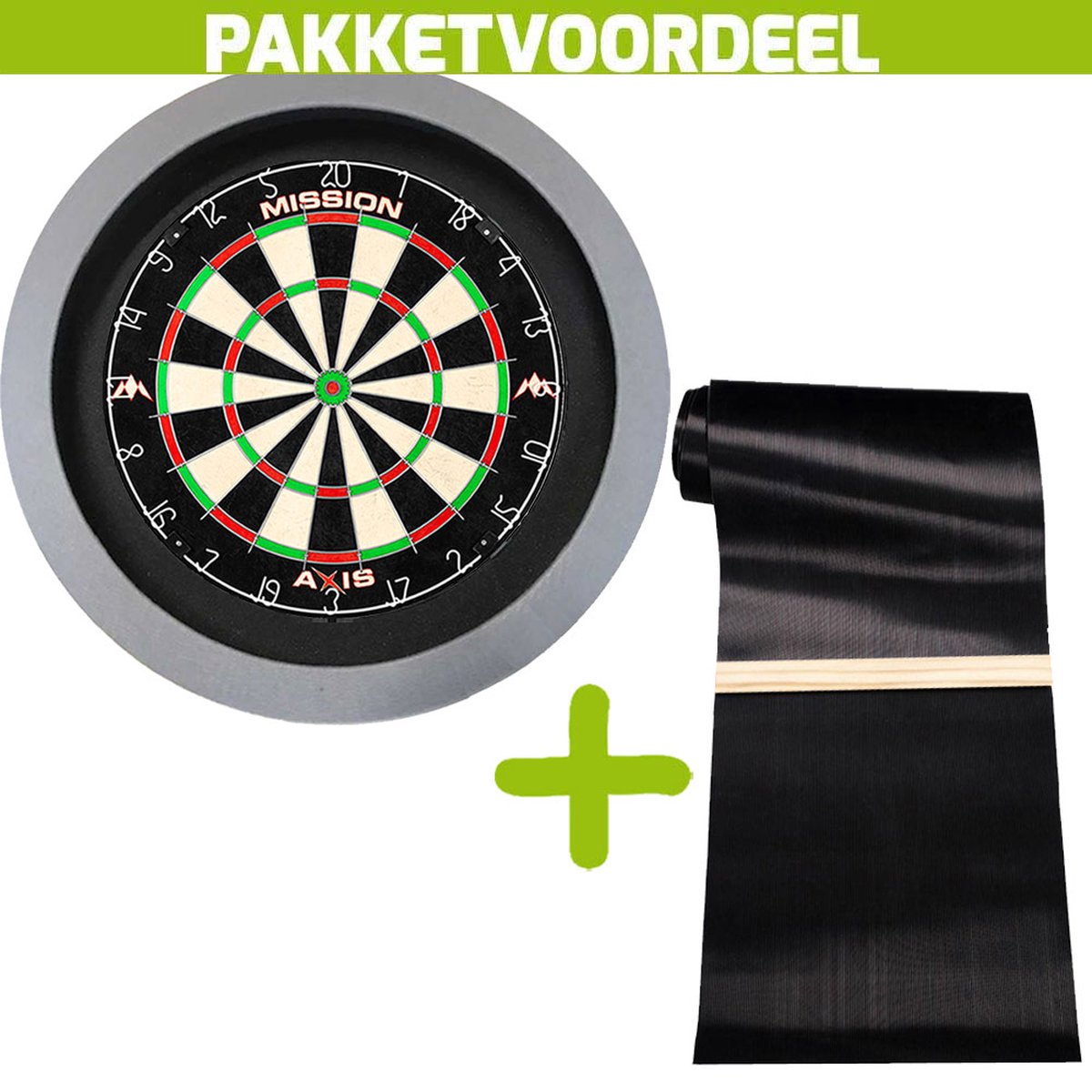 Mission Axis + Rubberen Dartmat 90*300 incl oche + Dartbordverlichting Basic (Grijs)