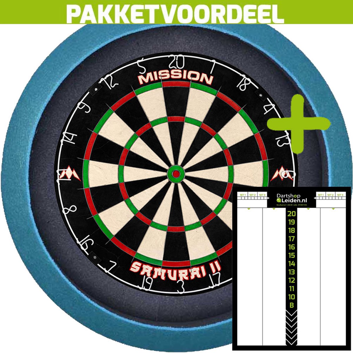 Mission Samurai 2 Dartbord + Dartbordverlichting Basic (Aqua) + Dart Scorebord Deluxe (42*30)