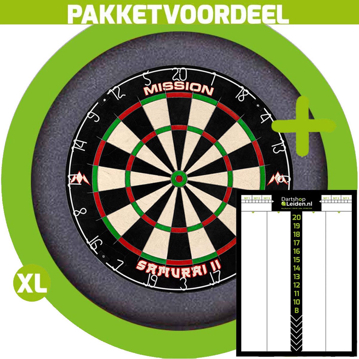 Mission Samurai 2 Dartbord + Dartbordverlichting Basic XL (Lime) + Dart Scorebord Deluxe (21*30)