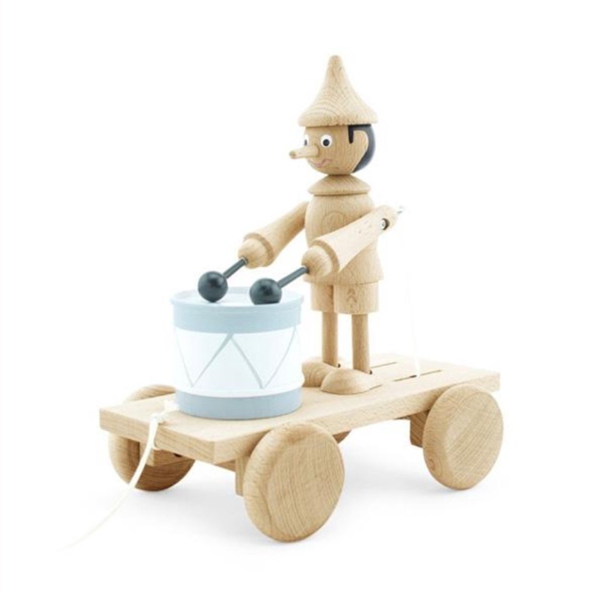 Trekfiguur trekdier hout Pinokkio met trommel op wielen