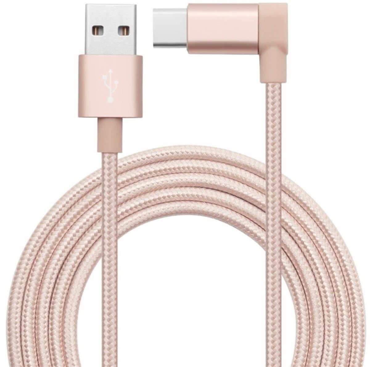 Mobigear USB-C Kabel 90 Graden Nylon Rose Goud 1.2 Meter